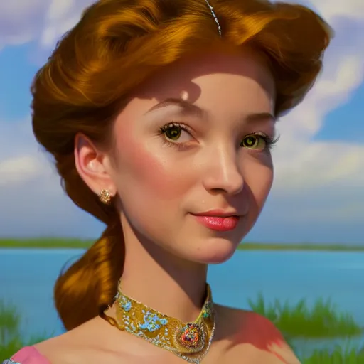 Prompt: a portrait of a princess in an animated disney bayou movie, oil painting, pale colors, high detail, 8 k, wide angle, global illumination, trending on artstation,