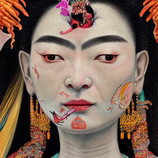 Image similar to ancient chinese goddess, luan bird, artstation, by frida kahlo, by yoshitaka amano, illustration, cinematic, closeup - view, cinecolor, insanely detailed and intricate, hypermaximalist, elegant, ornate, hyper realistic, super detailed, character design, symmetrical face