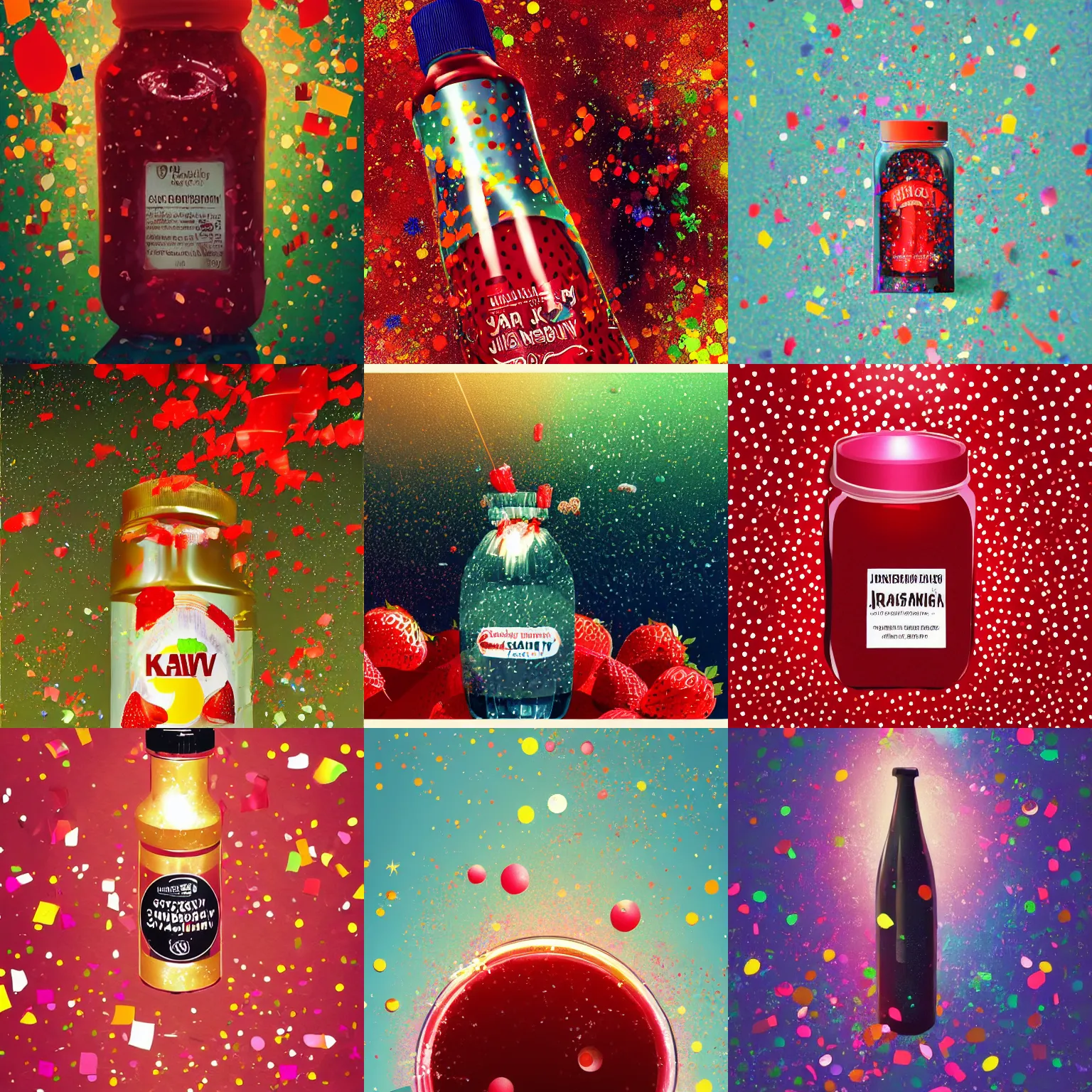 Prompt: big shiny bottle of strawberry jam in center of image and confetti around, particles, bokeh effect, digital fantasy art, artstation, by ilya kuvshinov