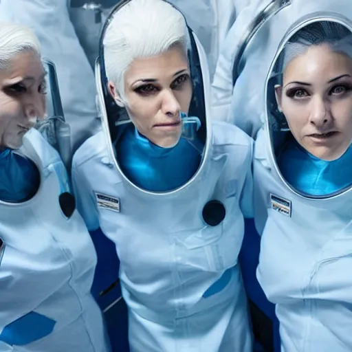 Image similar to line of derpy women with white hair, tight light blue neopren space uniforms, futuristic chemistry lab, sci - fi, highly detailed, cinematic