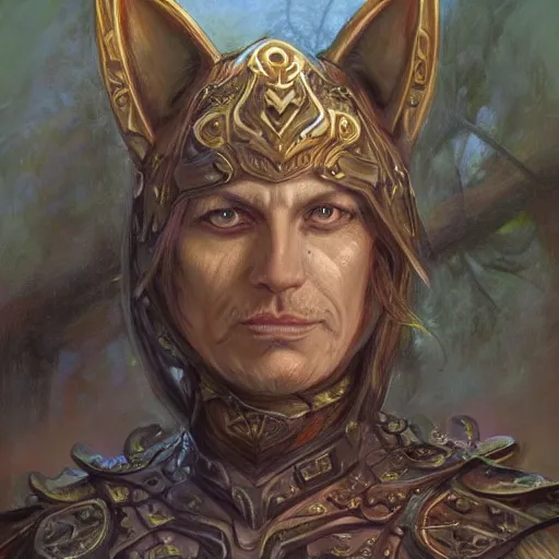 Image similar to Cat warrior fantasy D&D, portrait art by Donato Giancola and James Gurney, digital art, trending on artstation