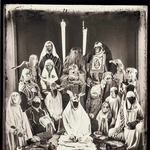 Prompt: 35mm old black and white daguerreotype photogram of scary cult members, wearing robes, goat heads, around an altar, macabre, intricate, ornate, detailed, golden ratio, epic lighting