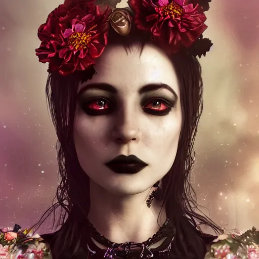 Prompt: A portrait of a Gothic goddess of floral jewels in an empty land, dark and mysterious, lively atmospheric, cinematic, 8k, 4k, ultra detail, ultra-realistic, rendered by Artstation