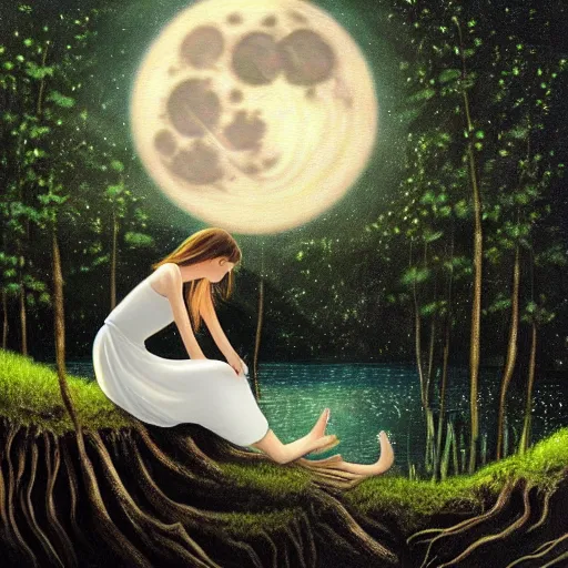 Image similar to a girl in a white dress looks up at the moon while sitting on the roots of an ancient tree next to a pond, the moon can be glimpsed, a towering forest surrounds the pond, high fantasy, dark fantasy, night time, ultra detailed, realistic painting