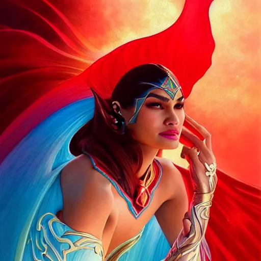 Image similar to pia wurtzbach as darna, volumetric lights, red and cyan theme, art nouveau botanicals, intricate, highly detailed, digital painting, artstation, concept art, smooth, sharp focus, cinematic, illustration, beautiful face, art by artgerm and greg rutkowski and alphonse mucha