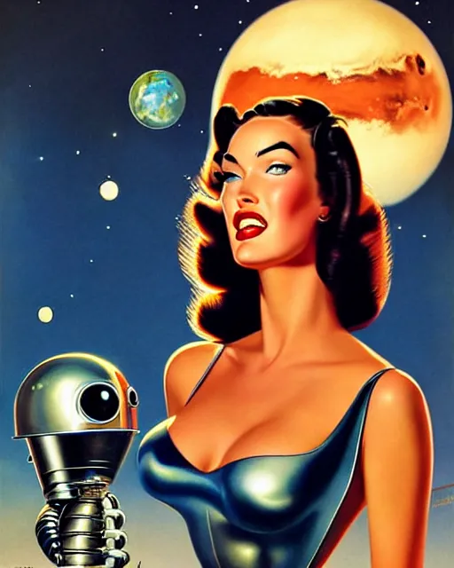 Image similar to closeup beautiful retro space megan fox varga girl, posing with a chrome robot in diesel punk city at night, windblown dark hair, seductive, hyper detailed, digital art, smooth, sharp focus, gil elvgren, anna dittmann alberto vargas, 1 9 5 0, when mars attacks