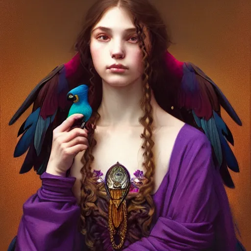 Image similar to portrait of a young girl with a dark purple parrot, upper body, long hair, intricate, elegant, highly detailed, digital painting, artstation, concept art, matte, sharp focus, illustration, art by artgerm and greg rutkowski and alphonse mucha