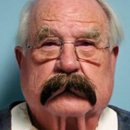 Image similar to Wilfred Brimley Mugshot, faces of meth, closeup, police booking, smoking gun,