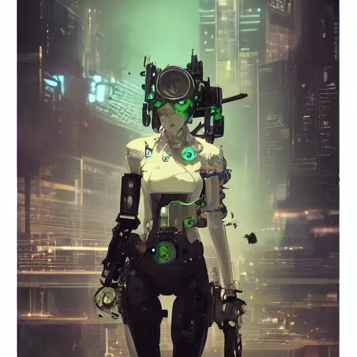Prompt: highly detailed portrait of a post-cyberpunk robotic young lady by Akihiko Yoshida, Greg Tocchini, Greg Rutkowski, Cliff Chiang, 4k resolution, persona 5 inspired, vibrant green,brown, white, yellow and black color scheme with stray wiring