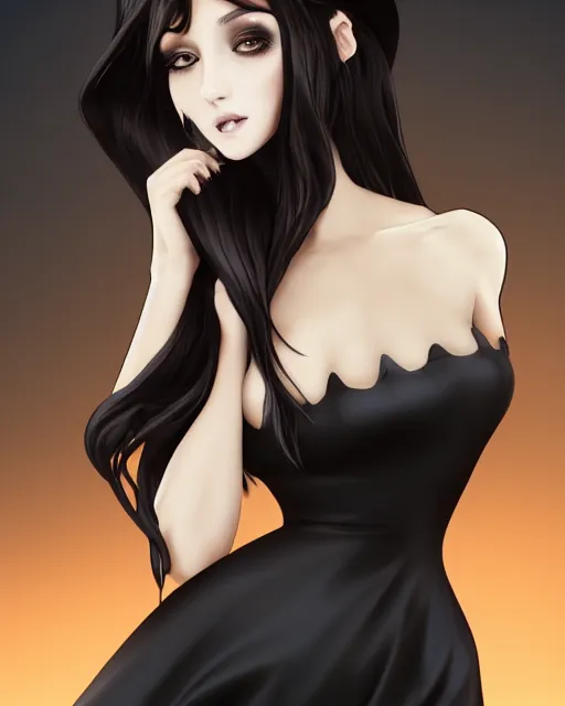 Image similar to A frontal fullbody painting of a beautiful brunette witch and wearing a cute translucent black dress looking at the viewer, elegant, delicate, stunning, soft lines, feminine figure, higly detailed, ultraHD, 8k, smooth , pixiv art, cgsociety, artgem, high quality, digital illustration, concept art, masterpiece