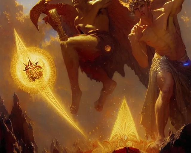 Image similar to attractive male deity, casting demonic magic, summoning handsome lucifer morning star. highly detailed painting by gaston bussiere, craig mullins, j. c. leyendecker 8 k