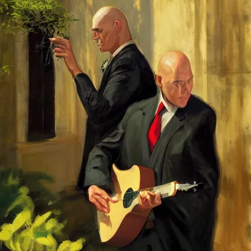 Image similar to a portrait of agent 4 7 from hitman dressed as a gardener playing a guitar in a monestary next to an elderly priest, by gregory manchess, james gurney, james jean