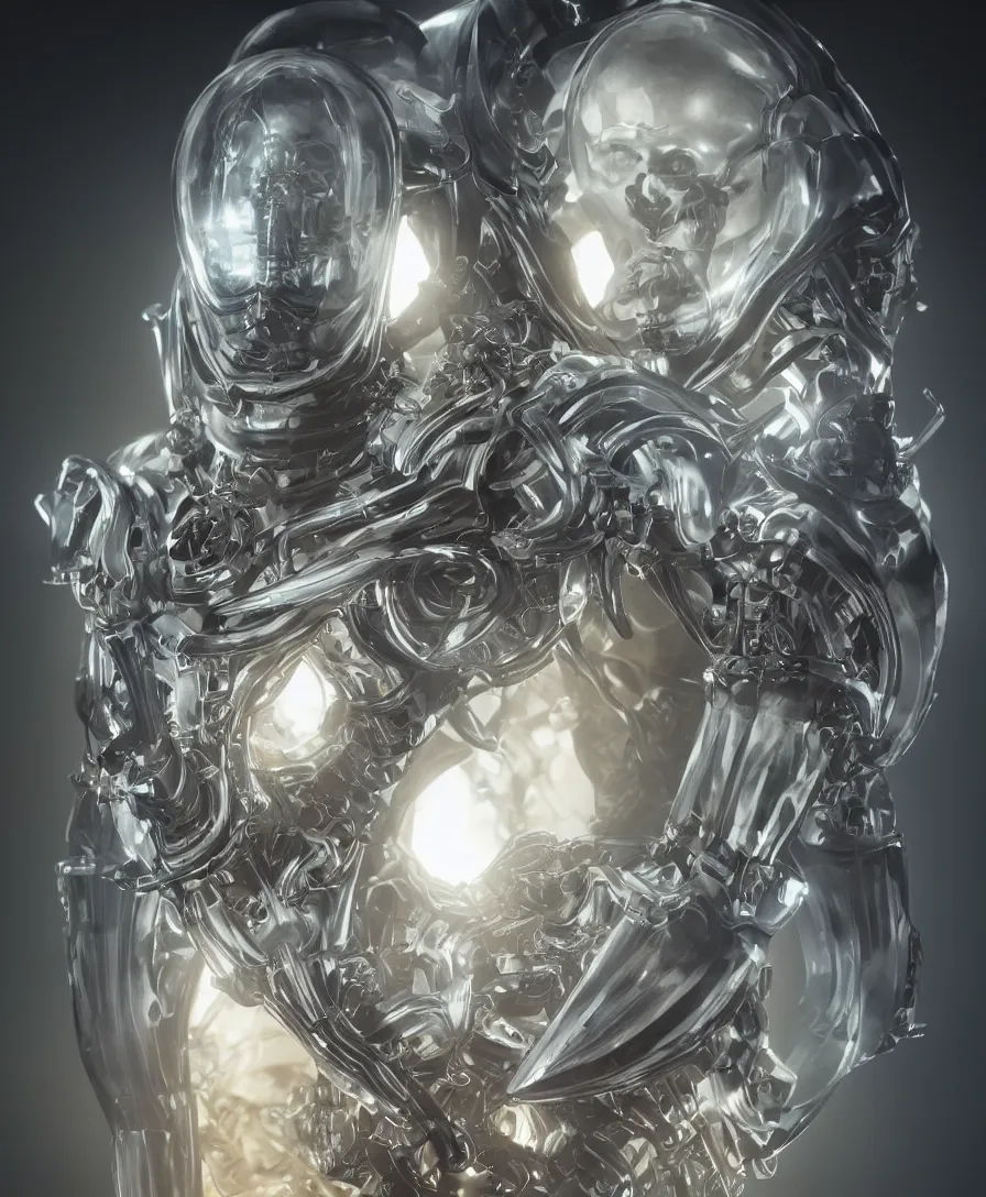 Prompt: symmetrical artwork. high contrast. increased sharpness. close-up portrait of one biomechanical lich with halo with transparent skin made of glass, jarold Sng and Stephen Oakley, octane render, greg rutkowski, artstation