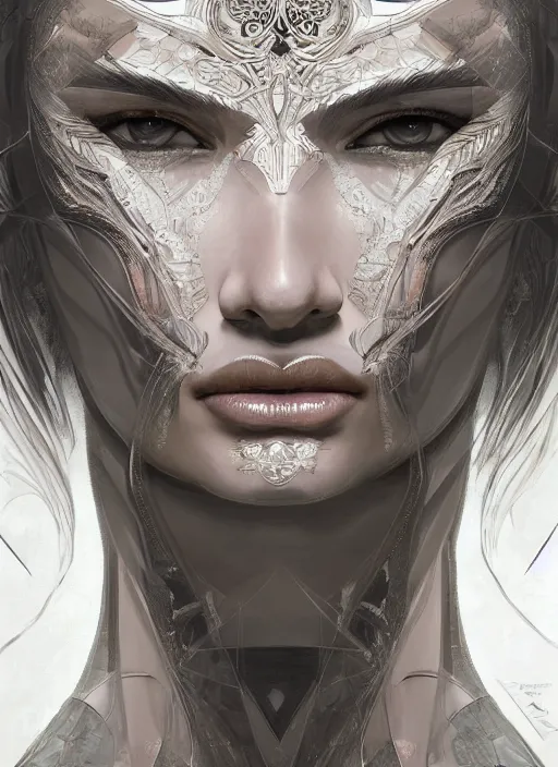 Image similar to symmetry!! adriana lima, machine parts embedded into face, intricate, elegant, highly detailed, digital painting, artstation, concept art, smooth, sharp focus, illustration, art by artgerm and greg rutkowski and alphonse mucha, 8 k