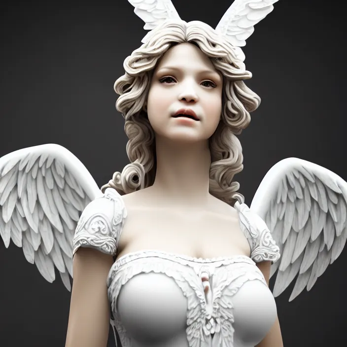 Prompt: photograph of a real-life beautiful female angel with ornate white dress . Extremely detailed. 8k