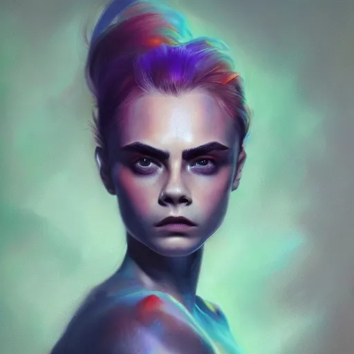 Image similar to cara delevingne, full body portrait colorful oil painting by android jones, john jean, yuumei, yanjun cheng, unreal 5, daz, hyperrealistic, octane render, rpg portrait, dynamic lighting, fantasy art, beautiful face