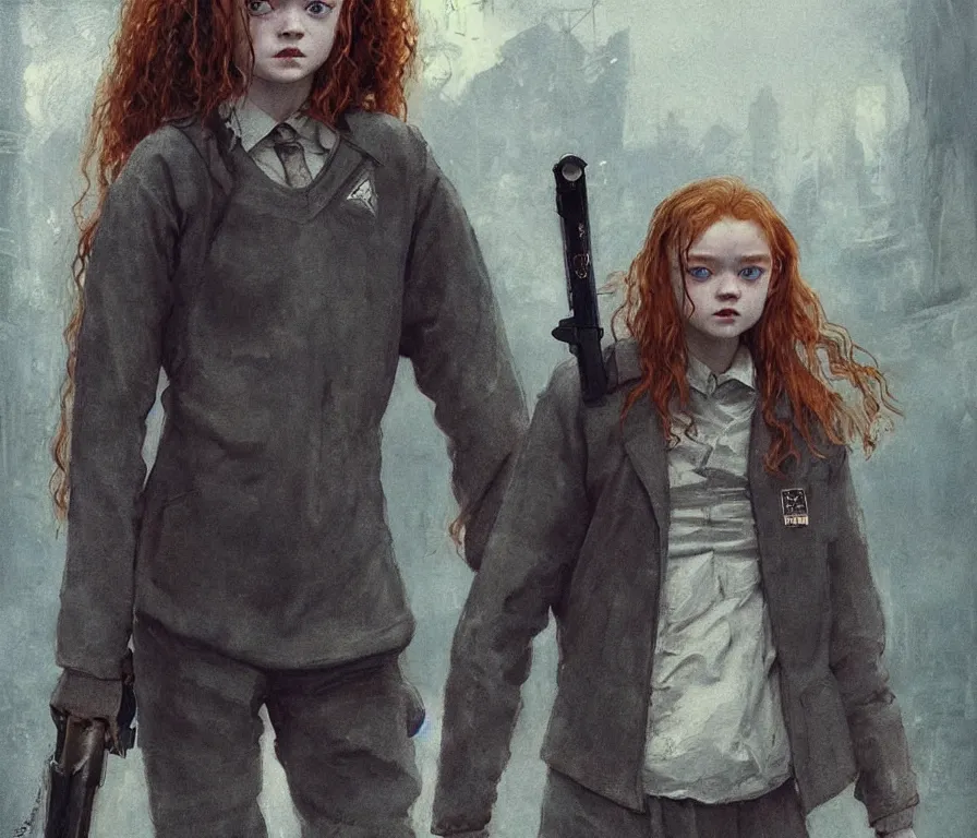 Image similar to sadie sink dressed in oversized school uniform : costume concept for a scifi cyberpunk film. by greg rutkowski, greg staples, elsa beskow, gustave courbet, rosa bonheur. sharp focus, cinematic atmosphere, detailed and intricate, perfect anatomy