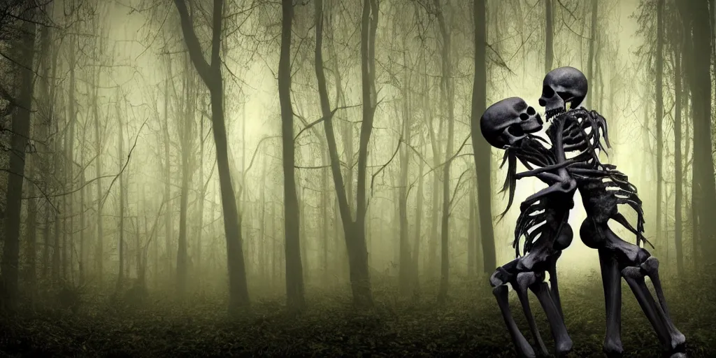 Image similar to realistic skeletons hugging each other in fear for their lives, dimly lit dark forest at night with bioluminescent foliage and creatures, wide angle view, photorealistic amateur photograph