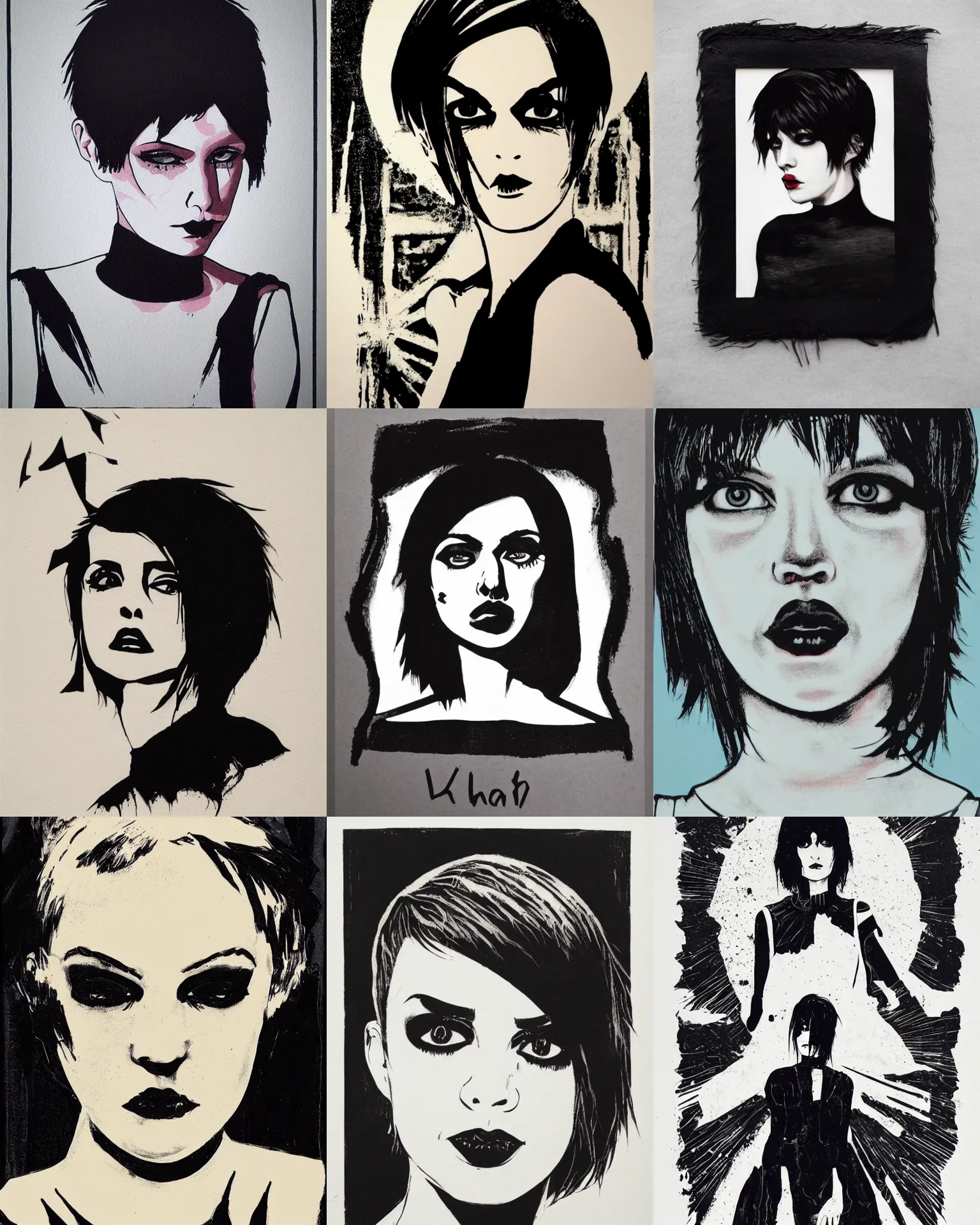 Prompt: A silkscreen print goth portrait. Her hair is dark brown and cut into a short, messy pixie cut. She has a slightly rounded face, with a pointed chin, large entirely-black eyes, and a small nose. She is wearing a black tank top, a black leather jacket, a black knee-length skirt, a black choker, and black leather boots.