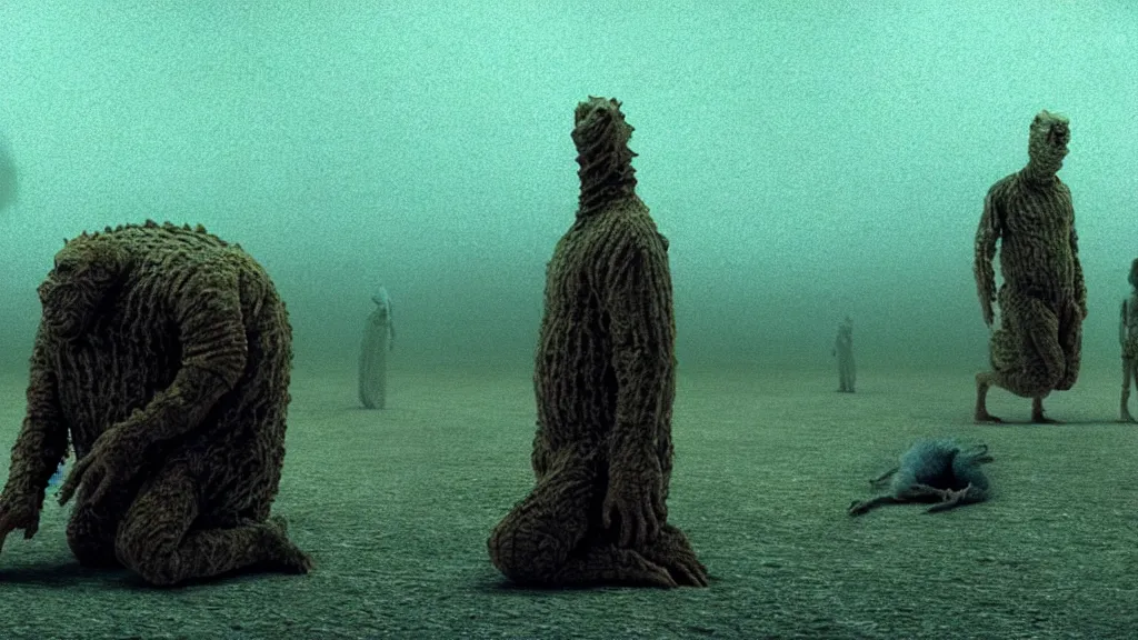 Image similar to the money creature in the bank, film still from the movie directed by denis villeneuve and david cronenberg with art direction by salvador dali and zdzisław beksinski