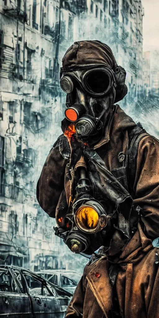 Image similar to post - apocalyptic city streets, close - up shot of an anarchist with a gasmask, burned cars, explosions, colorful smoke, hyperrealistic, gritty, damaged, dark, urban photography, photorealistic, high details