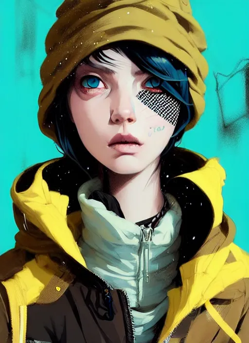 Prompt: highly detailed portrait of a sewer punk lady student, blue eyes, burberry hoody, hat, white hair by atey ghailan, by greg rutkowski, by greg, tocchini, by james gilleard, by joe fenton, by kaethe butcher, gradient yellow, black, brown and cyan color scheme, grunge aesthetic!!! ( ( graffiti tag wall background ) )