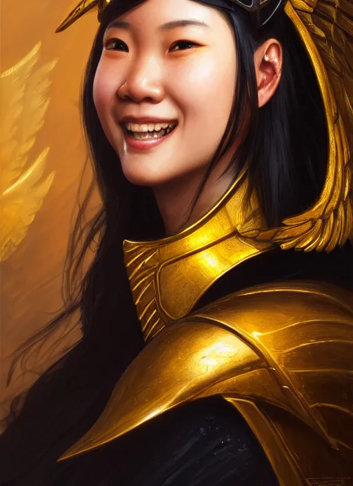 Prompt: Close-up portrait of smiling young asian woman wearing a pitch black armor and a golden winged helmet, portrait, fireball, highly detailed, digital painting, artstation, concept art, sharp focus, illustration, art by artgerm and greg rutkowski and alphonse mucha