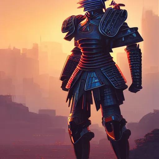 Image similar to samurai cyborg, armor designed by jony ive in cybercity, golden hour, poster by michael whelan and gilbert williams and evgeny lushpin and artgerm and alena aenami, 3 0 mm, well proportioned, highly detailed, rule of thirds, long exposure