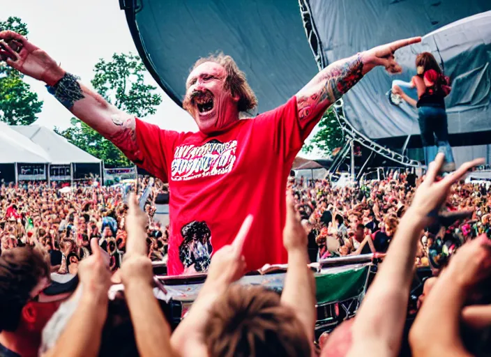 Image similar to photo still of gallagher at vans warped tour!!!!!!!! at age 5 5 years old 5 5 years of age!!!!!!! throwing watermelons into a crowd, 8 k, 8 5 mm f 1. 8, studio lighting, rim light, right side key light