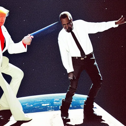 Image similar to donald trump and kanye west shooting guns in outer space