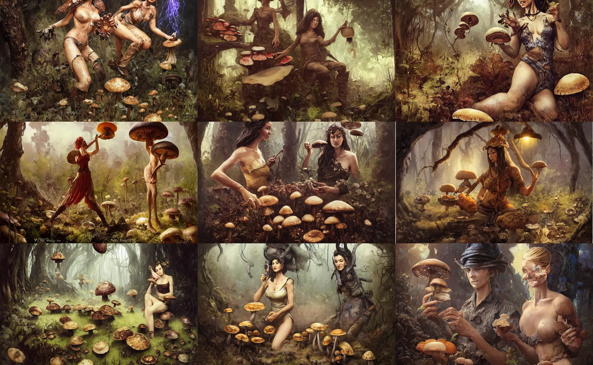 Prompt: A mixed media portrait painting of a beautiful mycologist woman tending her mushrooms, detailed Aesthetic! face and eyes, slavic, by Frank Frazetta, Greg Rutkowski, Beeple, Boris Vallejo, Yoko Taro, Christian MacNevin, epic fantasy character art, high fantasy, CGsociety, full length, exquisite detail, post-processing, masterpiece, cinematic