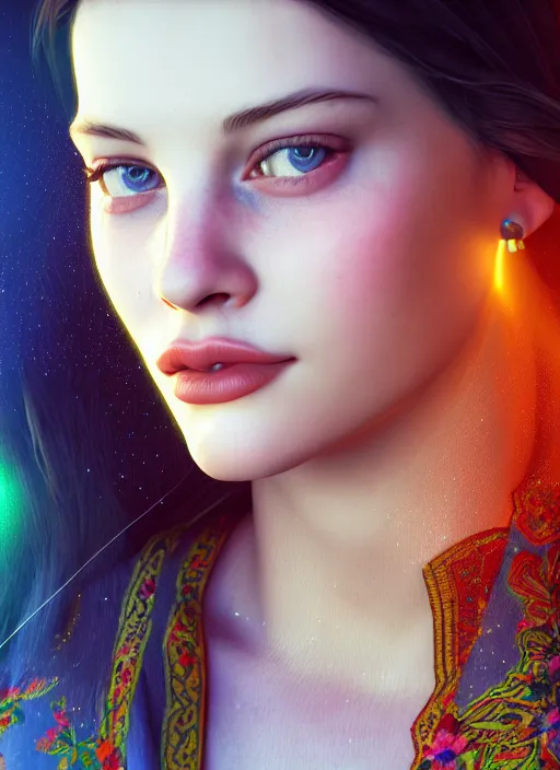 Image similar to young liv tyler, ukrainian national clothes, embroidered shirt, portrait of young woman, 8 k ultra realistic, lens flare, atmosphere, glow, detailed, intricate, full of colour, led lighting, 4 k, hyperrealistic, focused, extreme details, unreal engine 5, masterpiece