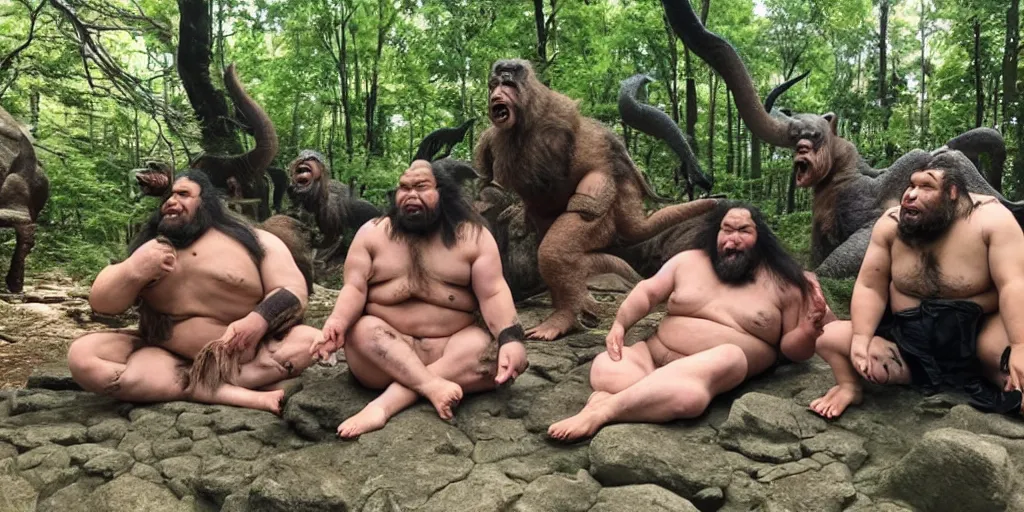 Image similar to photo, three hairy neanderthal people, sumo japanese, emma!! watson!! sitting among them, eating outside, surrounded by dinosaurs!, gigantic forest trees, sitting on rocks, bright moon, birthday cake on the ground, front view