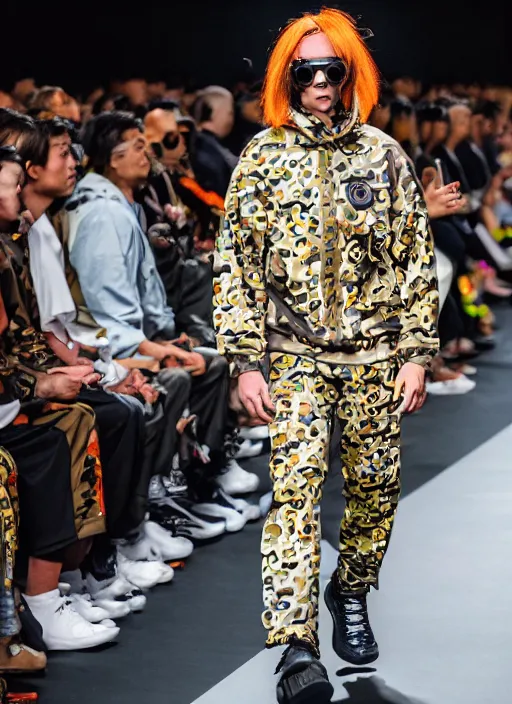 Image similar to hyperrealistic and heavy detailed bape avant garde runway show of movie the fifth element, leica sl 2 5 0 mm, vivid color, high quality, high textured, real life