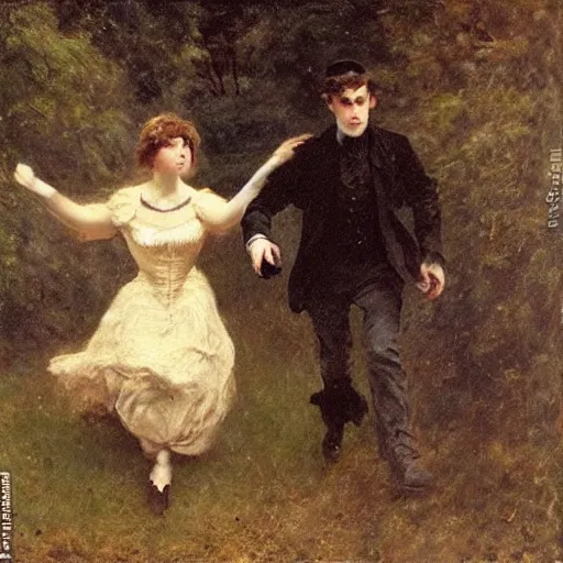 Image similar to young victorian man and woman traversing a dark maze, by alfred stevens