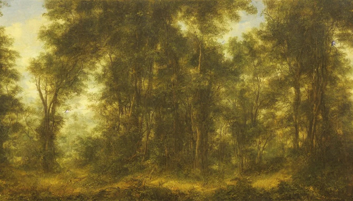 Image similar to a clearing in a forest painted by John Shroades