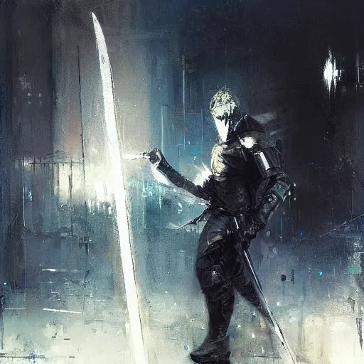 Prompt: knight holds sword made of lightning sparks everywhere, realistic, ultrahd, jeremy mann painting