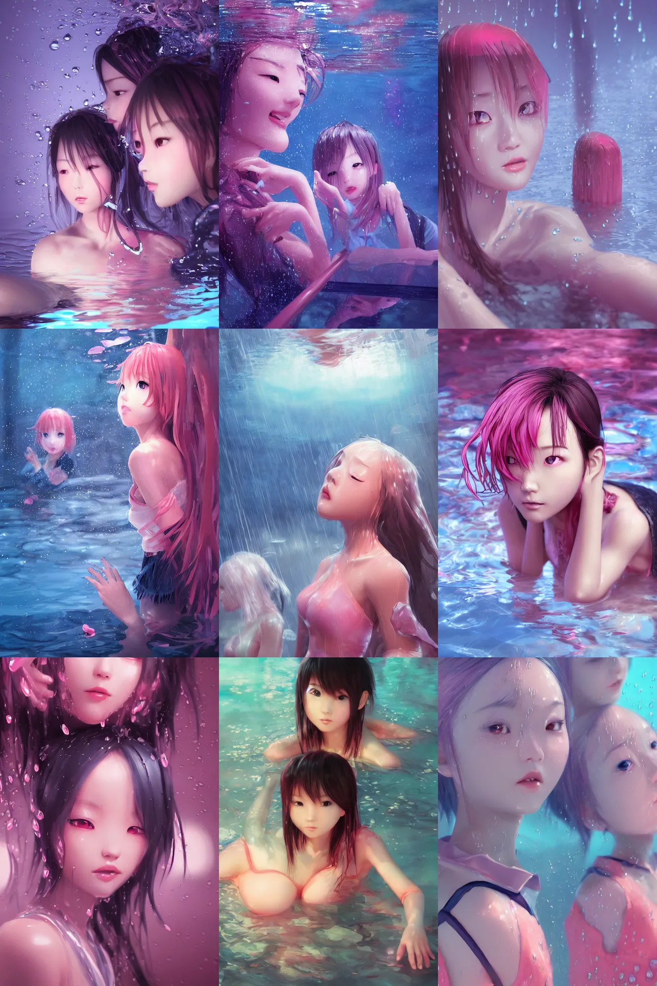 Prompt: 3d dark infrared octane render concept art by D. Jun, by Mo Xiang Tong Xiu, by Igarashi Daisuke, beauty portrait anime schoolgirls under dark pink and blue water. cute face. wet reflections. underwater rain. dramatic light, trending on artstation, oil painting brush