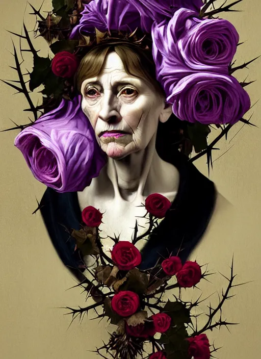 Prompt: portrait of a old year woman with a wreath of thorns a dress of bones and roses horns snake smoke, purple colour scheme, full length, masterpiece, art by caravaggio, artstation