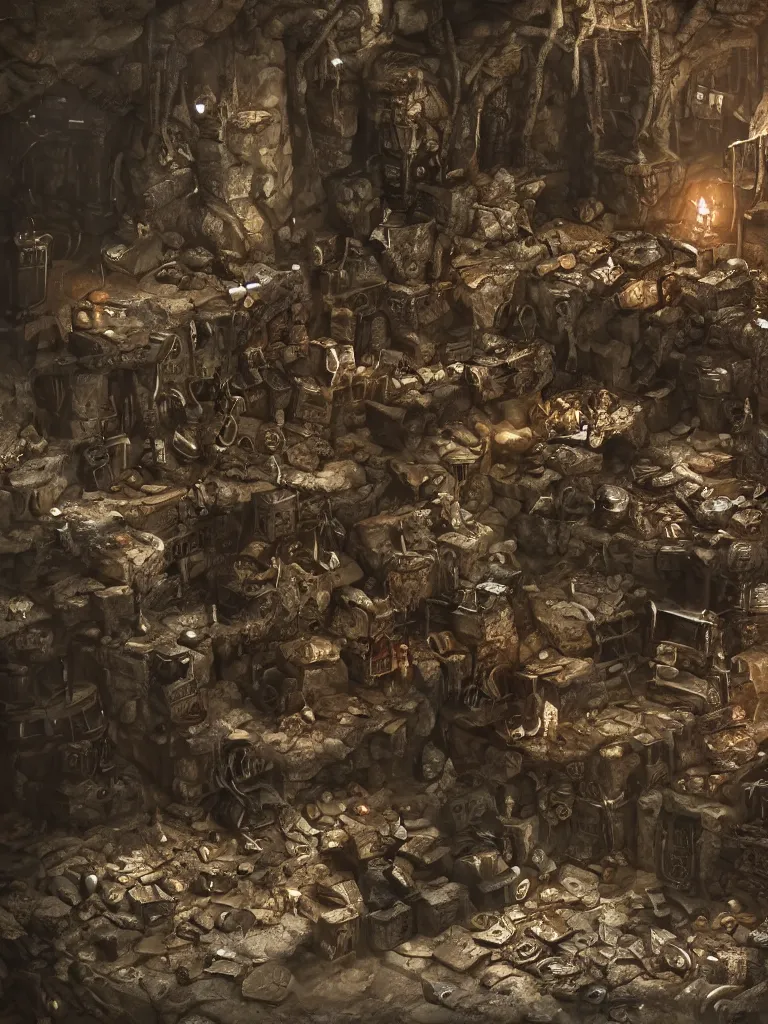 Image similar to pile of revolvers and bullets in a dungeon , ultrarealistic, intricate details, 4k, concept art, dark fantasy