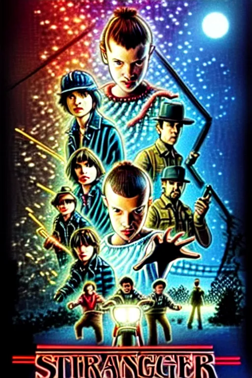 Prompt: Stranger Things poster by Matt Groening, high resolution, hyper detailed, intricate, illustrated, all cast members !n-9