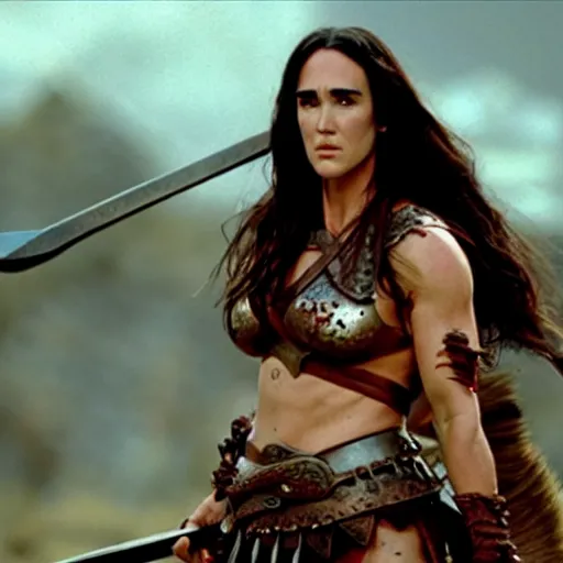 Image similar to jennifer connelly as a barbarian warrior, battle scene