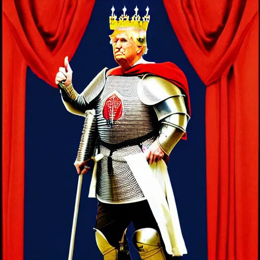 Image similar to full - body - front - shot, donald trump wearing knight'armor, crown, renaissance painting of a knight,
