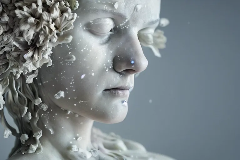 Image similar to the medium shot of sculpture of a beautiful woman with flowing tears, fractal flowers on the skin, intricate, a marble sculpture by nicola samori, behance, neo - expressionism, marble sculpture, made of mist, still frame from the prometheus movie by ridley scott with cinematogrophy of christopher doyle, arri alexa, anamorphic bokeh, 8 k