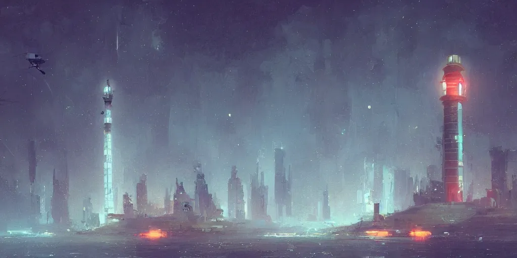 Image similar to concept art of a lone towering sci - fi lighthouse at the cape of a big city, grimy, gritty, blade runner 2 0 4 9, trending on artstation, award winning painting, cgi, art by john berkey and anton fadeev and john howe and simon stalenhag