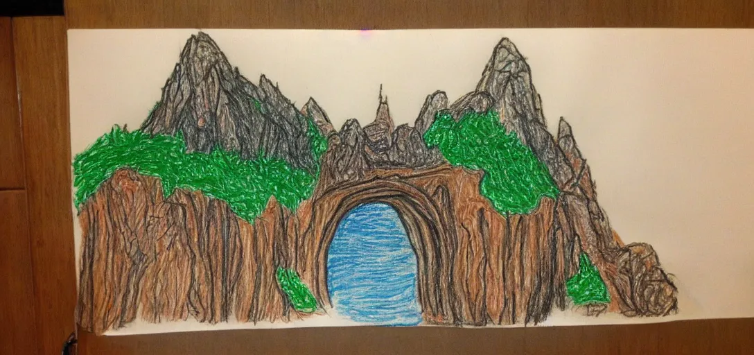 Image similar to Rivendell poorly drawn in wax crayon by a five-year old