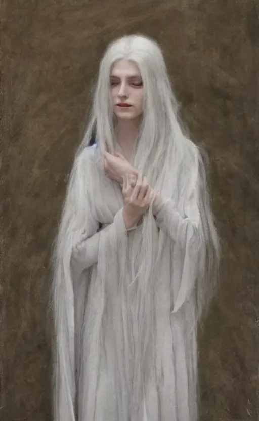 Image similar to say who is this with silver hair so pale and wan! and thin!? female angel, wearing long silver robes, flowing hair, pale fair skin, you g face, silver hair, covered!!, clothed!! lucien levy - dhurmer, jean deville, oil on canvas, 1 8 9 6, 4 k resolution, aesthetic!, mystery