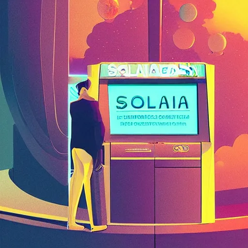 Prompt: withdrawing Solana cryptocurrency from an atm, futuristic illustration, by James Gilleard and Bruce Pennington, highly detailed,