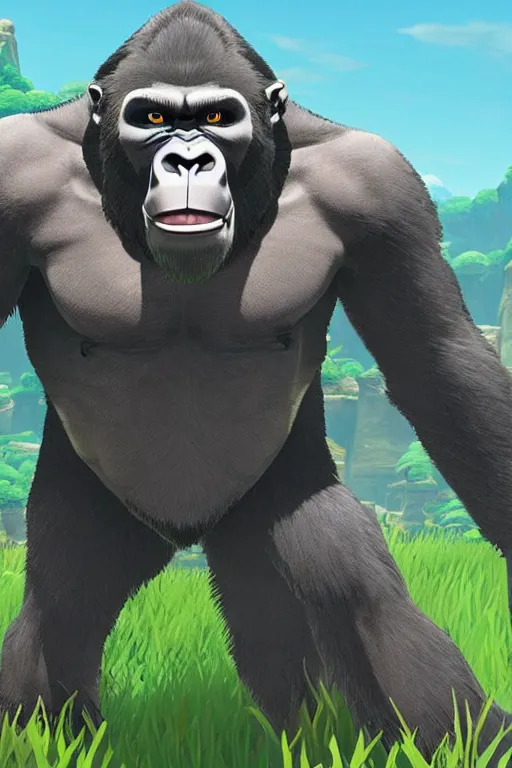 Prompt: an in game footage of a gorilla from the legend of zelda breath of the wild, breath of the wild art style.