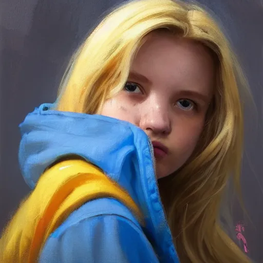 Prompt: greg manchess portrait of a beautiful teen girl with blonde hair, wearing a blue hoodie, medium shot, asymmetrical, swedish, sticker, profile picture, organic painting, matte painting, bold shapes, hard edges, street art, trending on artstation, by huang guangjian and gil elvgren and sachin teng and wlop and rossdraws and greg rutkowski